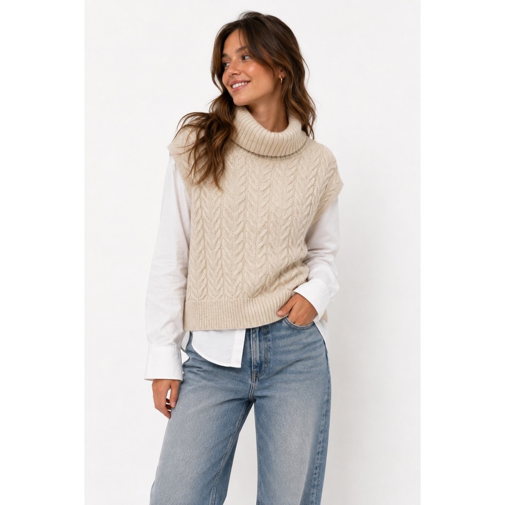 Cable Knit Turtleneck Layered Shirt Sweater L Cream Academia Preppy Old‎ Money